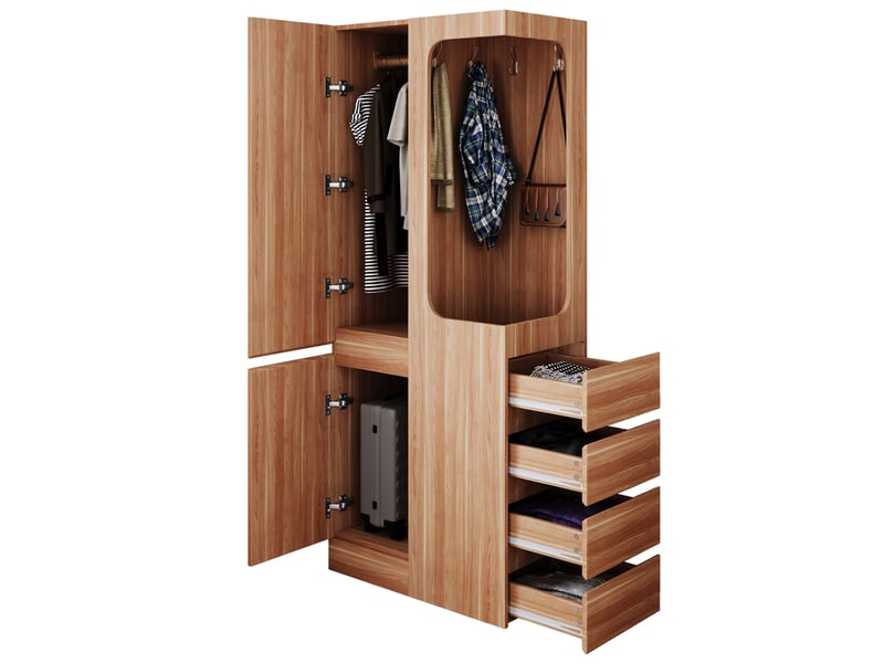  Armoire avec 1 porte, 4 tiroirs latéraux et penderie ouverte, pour chambre, en bois naturel, 70 × 40 × 170 cm  - Conforama A