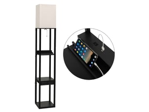 Lampadaire étagère noir avec 3 niveaux de rangement et port usb style moderne 26 x 26 x 160 cm en mdf toile de lin 20_0020775