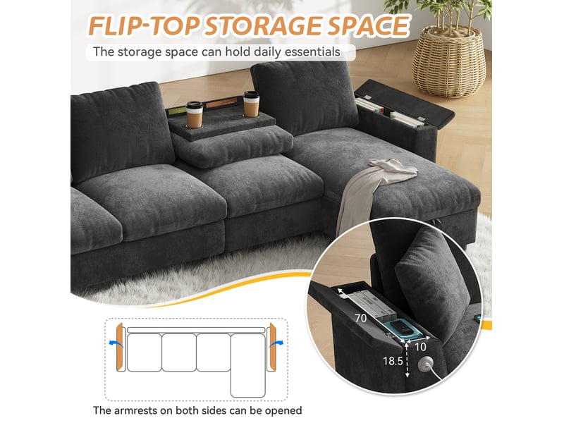  Canapé d'angle convertible 4 places 280x137x84 cm, rangements, usb type-c, table pliante, porte-gobelets, chenille, gris  - Conforama E