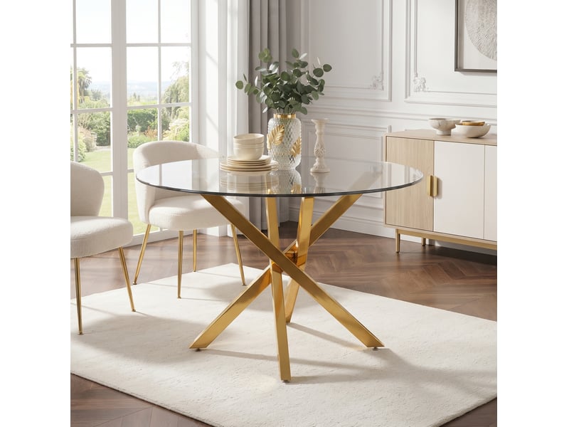  Table de salle à manger ronde avec plateau en verre trempé et piètement croisé doré, style moderne, 80 × 80 × 75 cm  - Conforama B