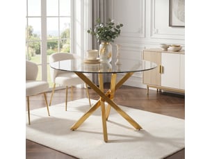 Table de salle à manger ronde avec plateau en verre trempé et piètement croisé doré, style moderne, 80 × 80 × 75 cm