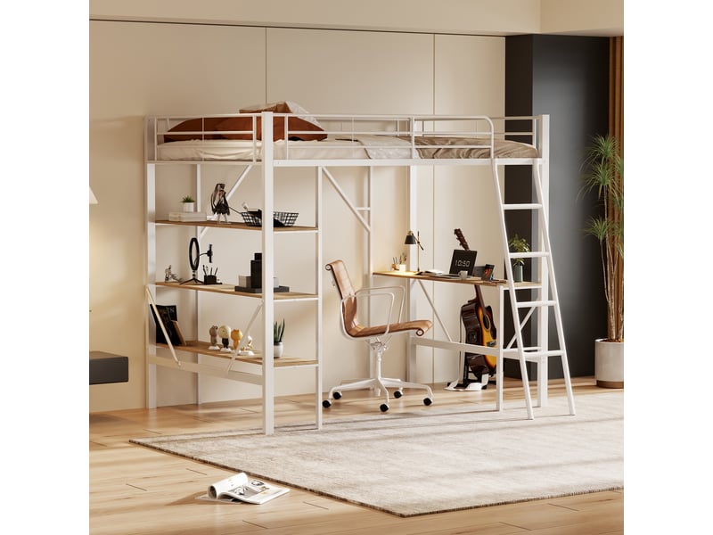  Lit mezzanine 90 × 200 cm 1 place avec bureau et 3 étagères, sans matelas, en métal et mdf, blanc  - Conforama B