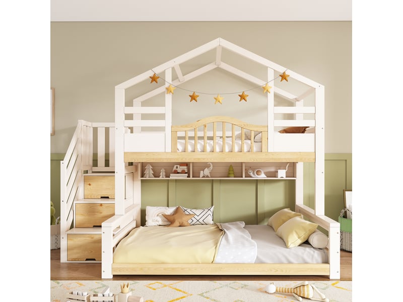 Lit superposé enfant cabane avec escalier de rangement, couchages 90x200 et 140x200 cm - Conforama D