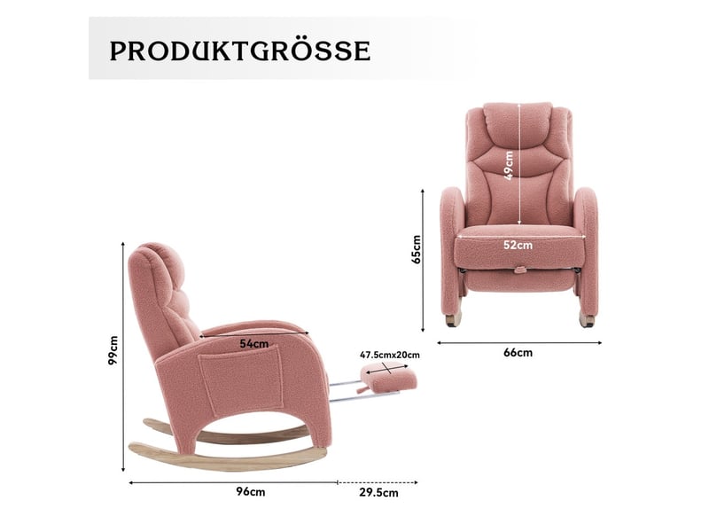  Fauteuil à bascule relax - 66x125x101 cm - avec repose-pieds pliable et têtière en tissu teddy bouclette pieds bois - rose  - Conforama E
