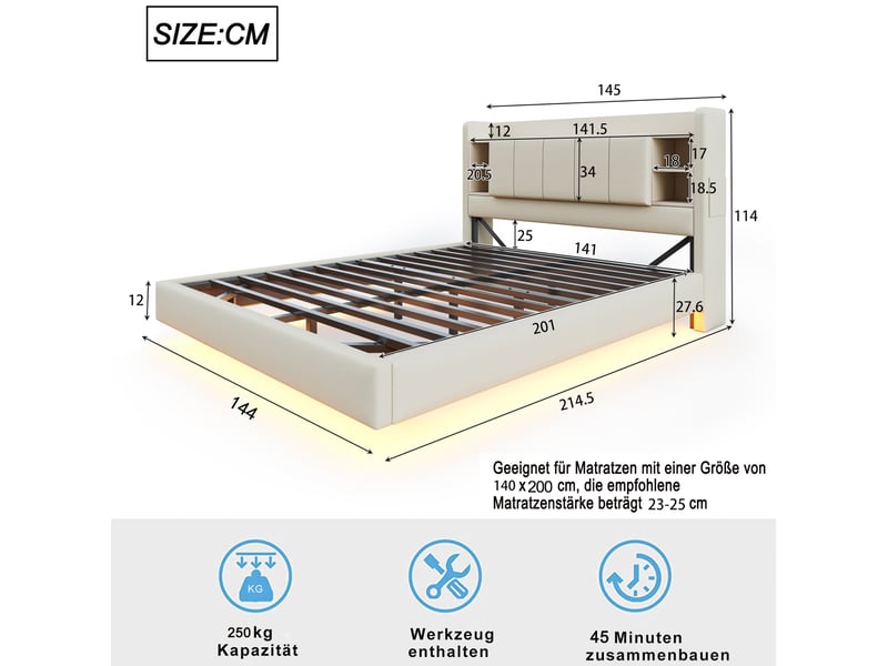  Lit double capitonné 140 x 200 cm avec éclairage led et usb, lit rembourré tête de lit réversible avec coussins de rangement, tissu effet lin, beige  - Conforama C