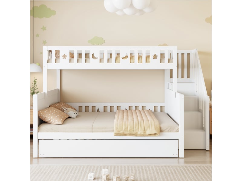  Lit superposé enfant 90x200 cm + 140x200 cm avec gigogne et rangements, mdf et pin, blanc, sans matelas  - Conforama B