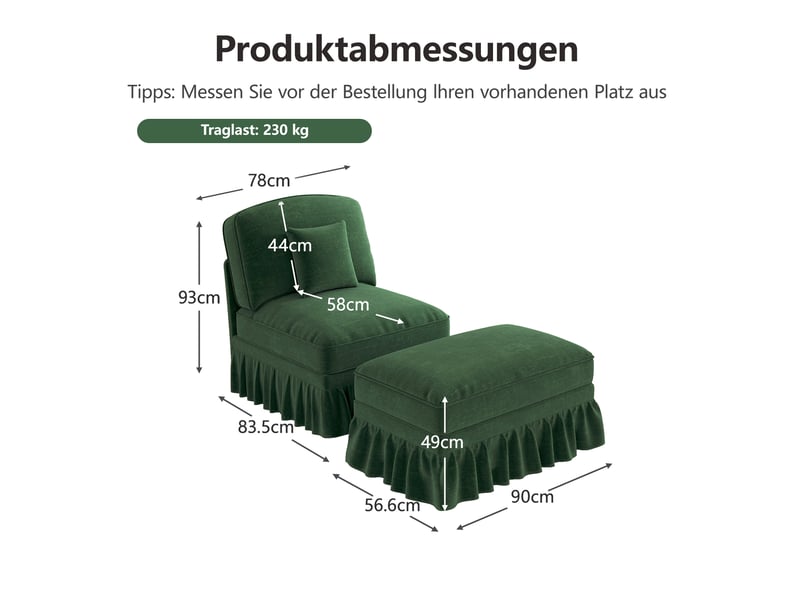  Fauteuil de salon modenvie en chenille vert avec pouf mobile, jupe à volants amovible et pieds en fuseau  - Conforama C