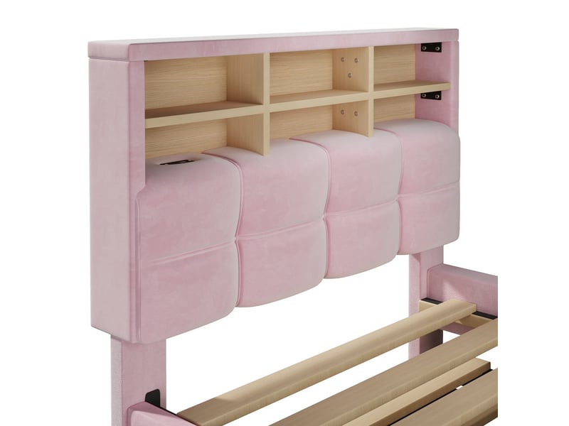  Lit gigogne, 90 x 200 cm, design multifonction extensible, avec port de charge et compartiment de rangement ouvert, velours, rose  - Conforama E