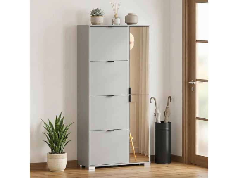  Meuble à chaussures avec miroir, 4 tiroirs à abattants, meuble à chaussures d'entrée, gris  - Conforama E