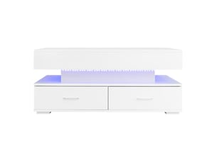Table basse relevable hydraulique blanche 100 × 50 × 44 cm, led, bluetooth, 2 tiroirs