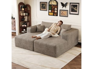 Canapé en velours côtelé modulaire 2 places, chaise longue couleur camel, design minimaliste sans armature, 180x151cm