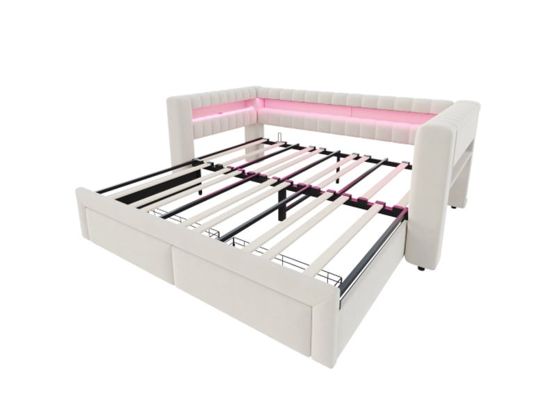  Canapé-lit capitonné 90180 × 190 cm, couchage escamotable, tiroirs et rangements intégrés, led, usb-c, velours beige  - Conforama A
