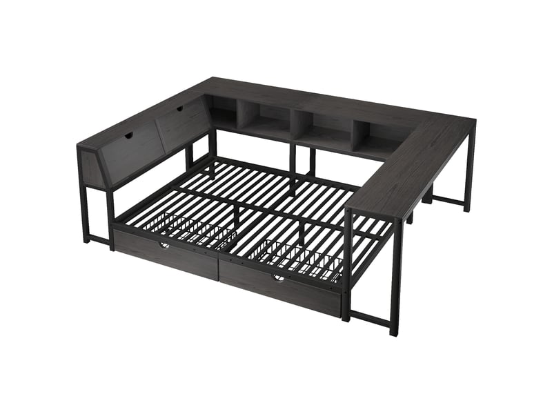  Lit adulte 140 x 200 cm, avec tête de lit à rangement, éclairage led, bureau et tiroirs, noir  - Conforama A