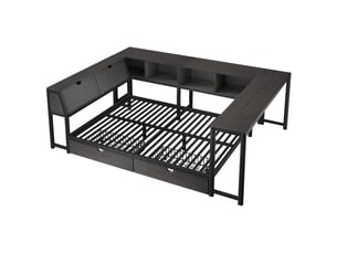 Lit adulte 140 x 200 cm, avec tête de lit à rangement, éclairage led, bureau et tiroirs, noir