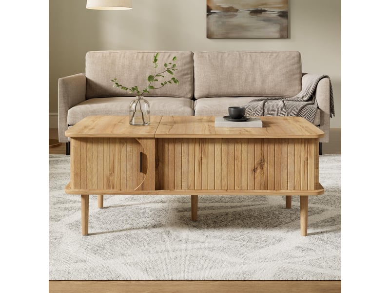  Table basse relevable - 100x48x41cm - plateau élevable rangement caché, porte coulissante rainurée pieds bois - chêne naturel  - Conforama B