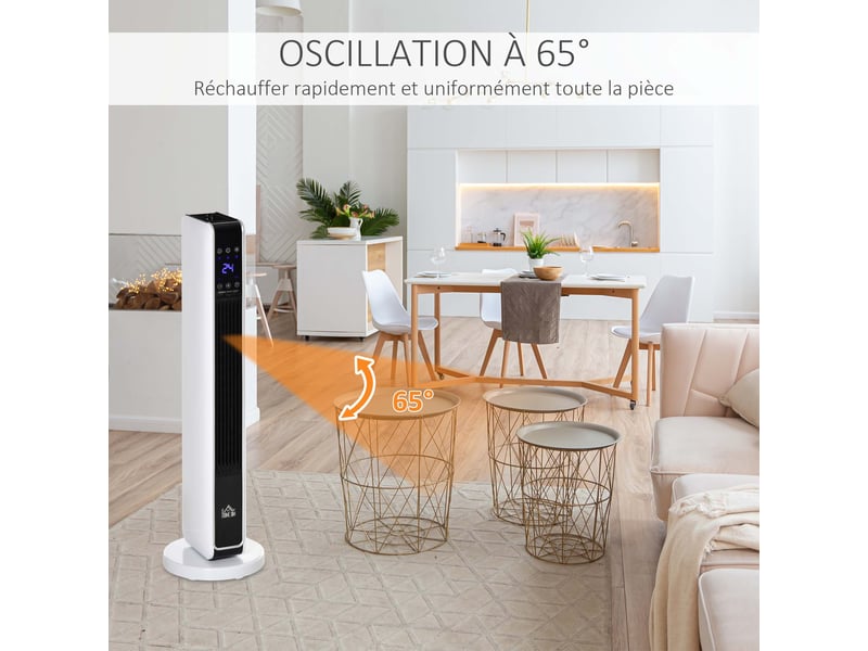  Chauffage électrique soufflant oscillant 11002200 w, céramique ptc, télécommande incluse, minuterie 8h, 21 x 21 x 73 cm  - Conforama D