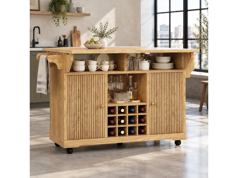  Desserte de cuisine mobile à plateaux rabattables - lpospi - rangement, porte-bouteilles, mdf naturel  - Conforama B