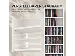 Meuble cddvd blanc 9 niveaux, 6 étagères réglables, capacité 260 cd, étroit et compact