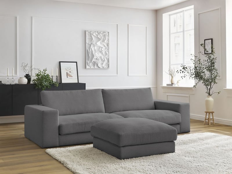  Bobochic canapé droit fixe 3 places leonard velours côtelé avec pouf gris foncé LEONARD - Conforama C