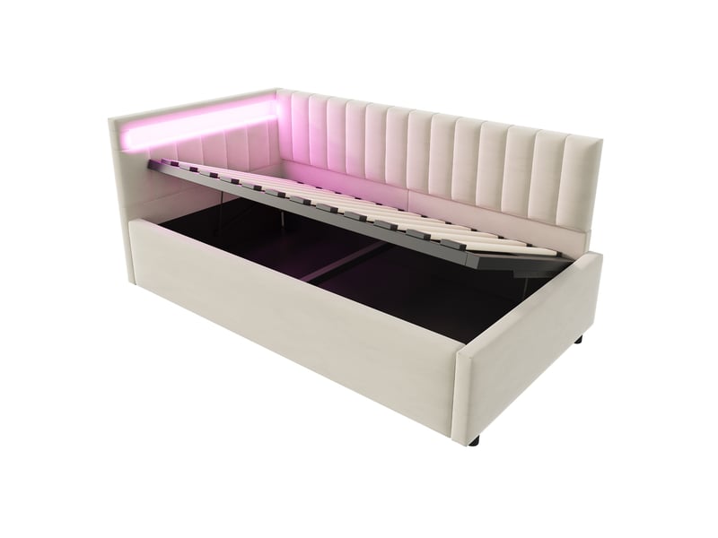  Lit banquette enfant coffre 90 x 200 cm avec led et rangement hydraulique, velours beige Fay Lum - Conforama A
