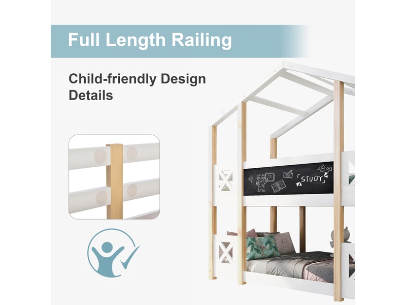  Lit mezzanine enfant 200×90 cm en forme de cabane avec escalier de rangement et tableau, sans matelas, blanc et naturel  - Conforama E