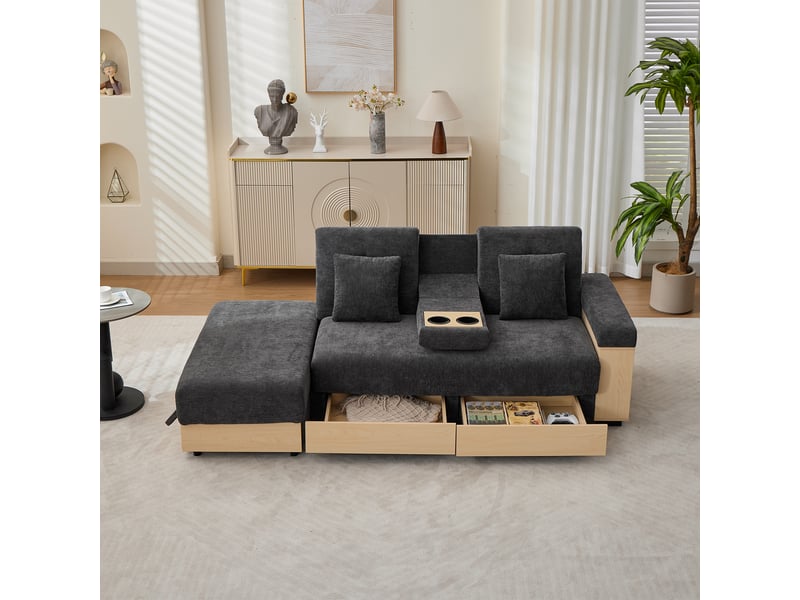 Canapé convertible, canapé-lit, en tissu chenille, gris, porte-gobelets, dossier réglable 3 positions, avec pouf, pour salon, 217 cm  - Conforama W