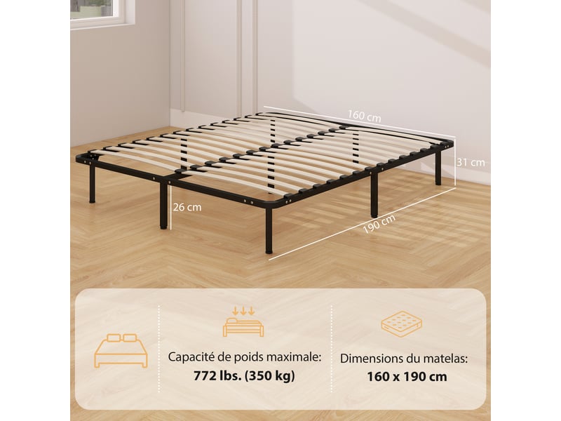  Cadre de lit 160 x 190 cm, lit 2 personnes en bois massif avec sommier à lattes et pied, rangement au-dessous, noir  - Conforama E