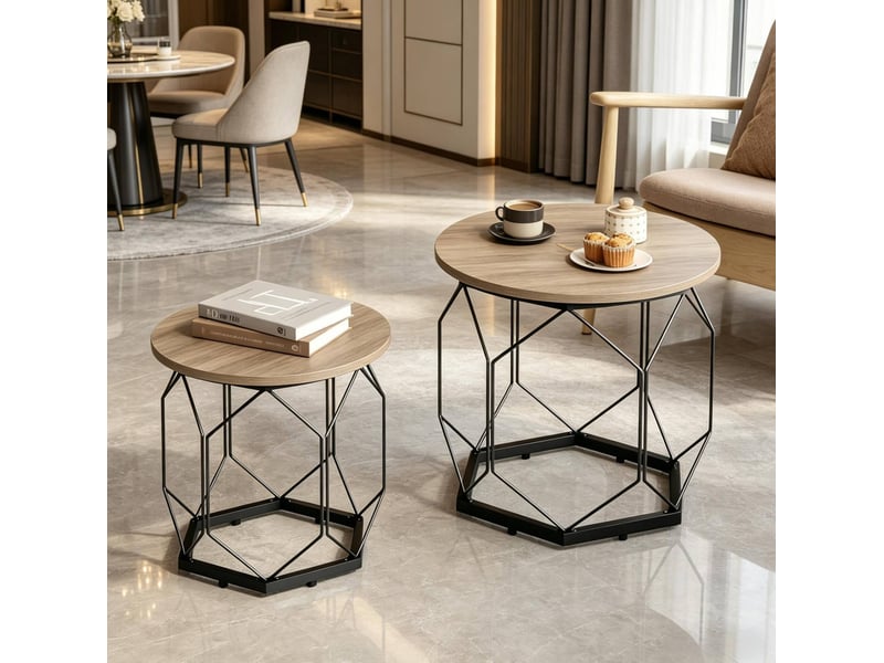 Tables basses gigognes rondes lot de 2 avec plateaux amovibles et rangement ouvert moderne en bois et métal gris - Conforama B