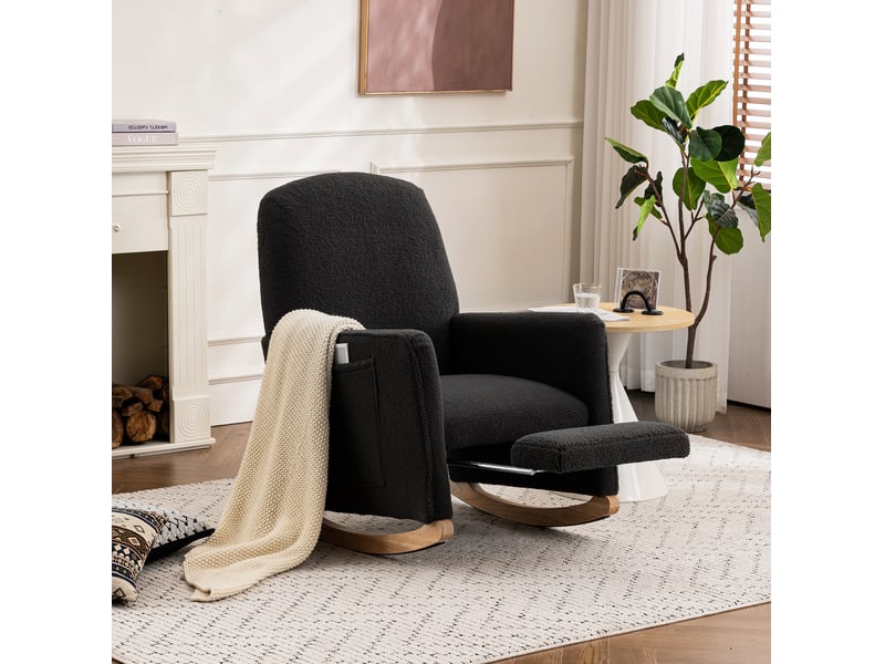044 fauteuil à bascule avec repose-pieds, fauteuil relax avec ottomane, fauteuil à bascule pour intérieur avec haut dossier, tissu teddy gris foncé - Conforama B
