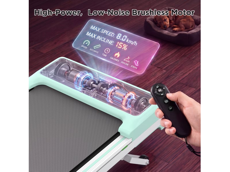 Tapis de marche et course 118,5x51 cm – vert givré – inclinaison automatique 15 %, bluetooth et télécommande - Conforama D