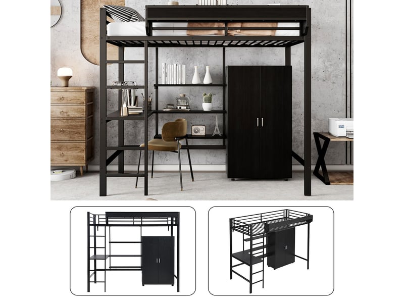  Lit mezzanine 90x200cm avec bureau et armoire - lit simple - etagères, escalier 5 marches, métal noir, gain de place  - Conforama E