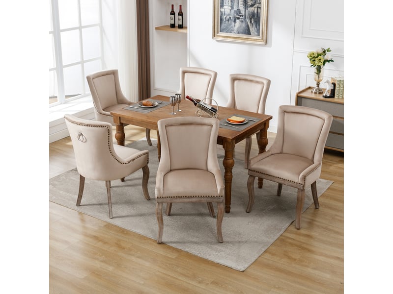 Lot de 6 chaises de salle à manger en velours beige avec capitonnage clouté et pieds en bois massif  - Conforama B