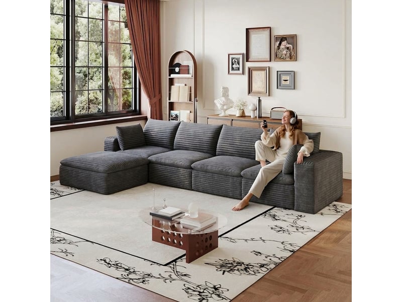  Canapé nuage en velours côtelé 5 places gris foncé 340 cm modulable  - Conforama C