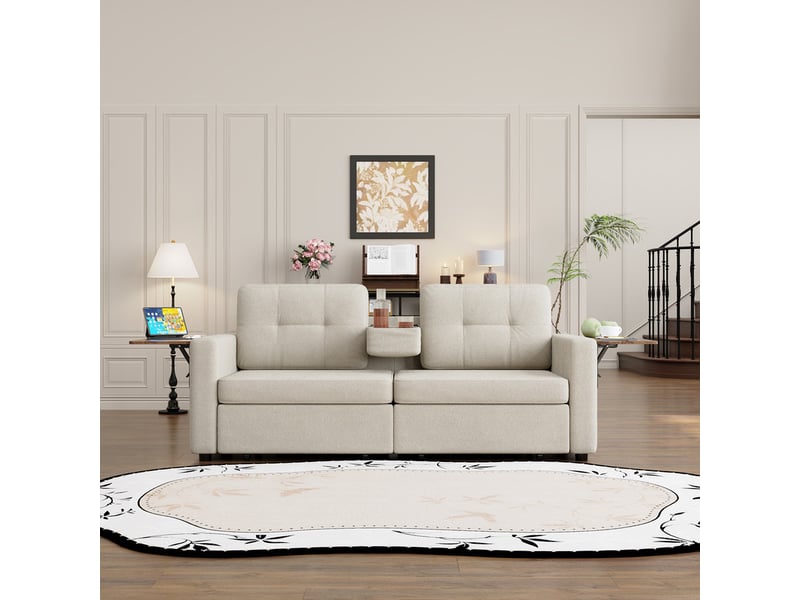  Canapé droit moderne en chenille,2 places,avec deux compartiments de rangement et siège réglable,178x71x57.5 cm,beige  - Conforama D