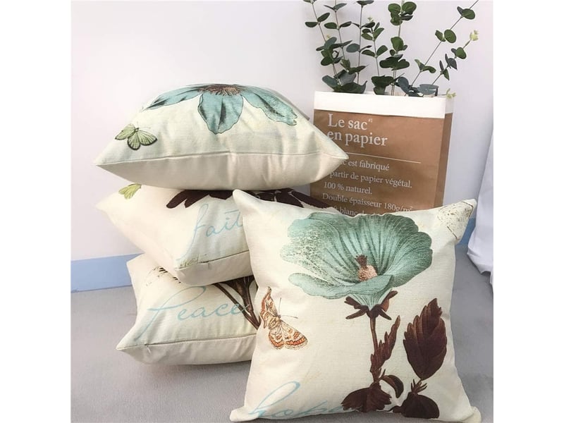  Taie d'oreiller, lot de 4 en coton et lin housse de coussin carré pour lit voiture de la maison canapé 45 x 45 cm papillon &amp; fleur rétro, beige  - Conforama C
