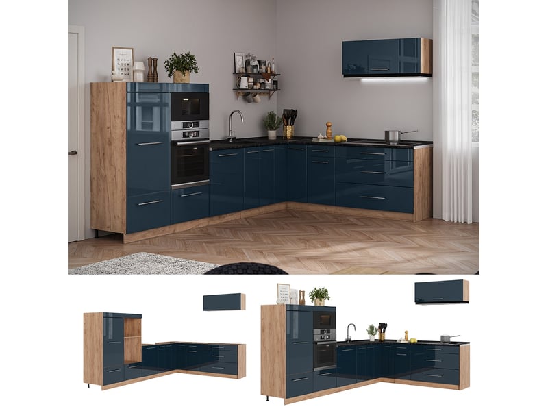  Vicco cuisine en angle, bleu foncé brillantchêne de force doré, 327 x cm, pt marbre  - Conforama D