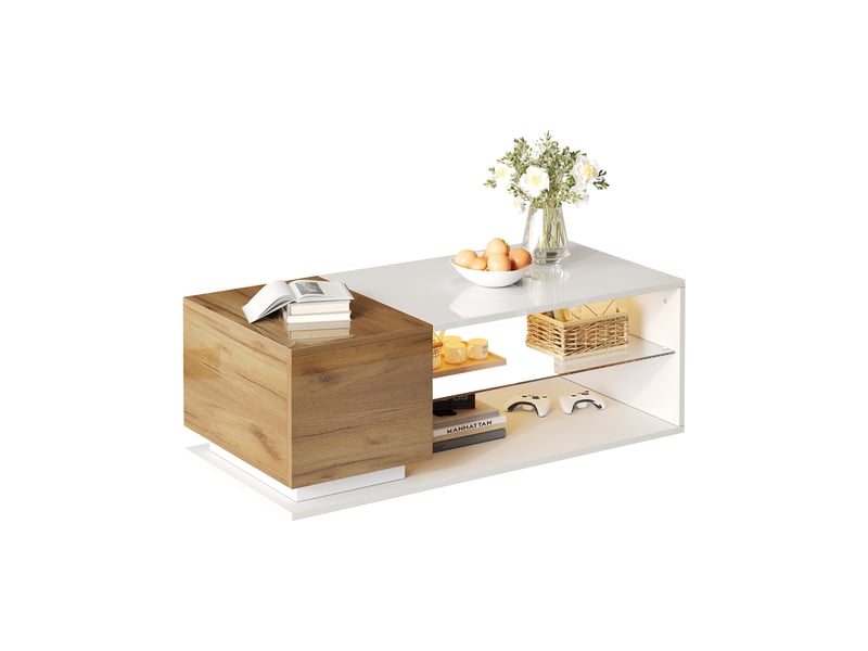  Table basse led avec contrôle par application, table de salon avec espace de rangement, 105x50x36cm, blanc et chêne.  - Conforama W