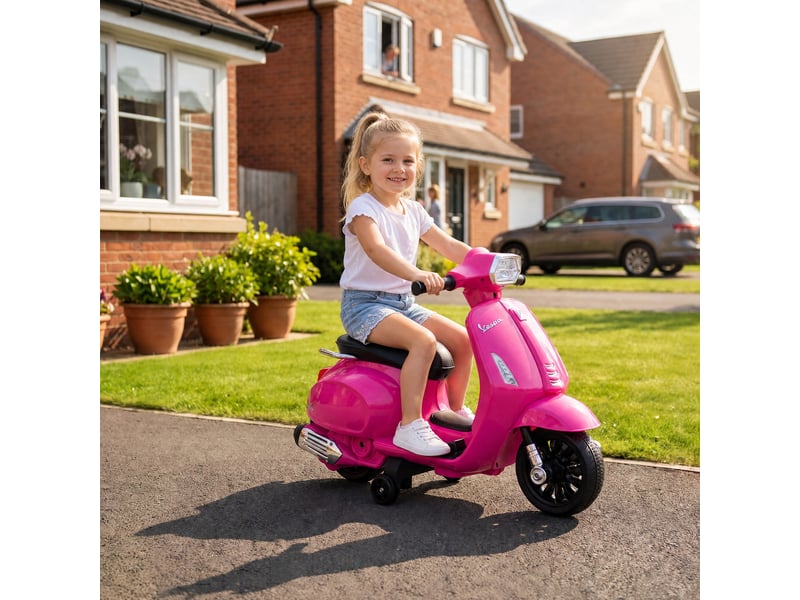  Moto électrique pour enfants avec permis vespa, batterie rechargeable 6v, roues et lumières, 2-4 ans, rose  - Conforama D