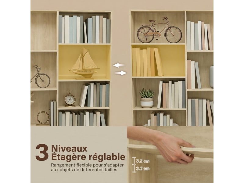Bibliothèque 6 niveaux, étagère de rangement avec 17 compartiments et étagères réglables, 149 x 23,6 x 188 cm, chêne - Conforama E