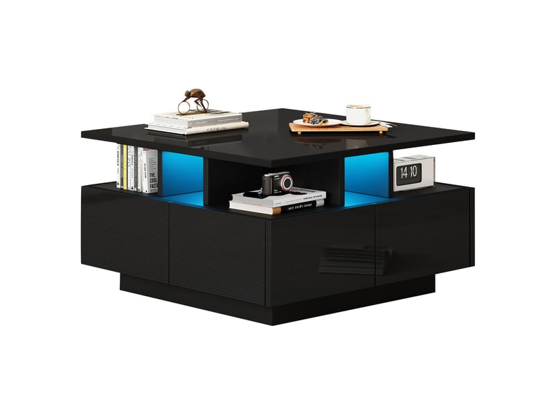  Table basse carrée 70 x 70 x 40 cm avec led, 4 tiroirs et rangement, noire  - Conforama A