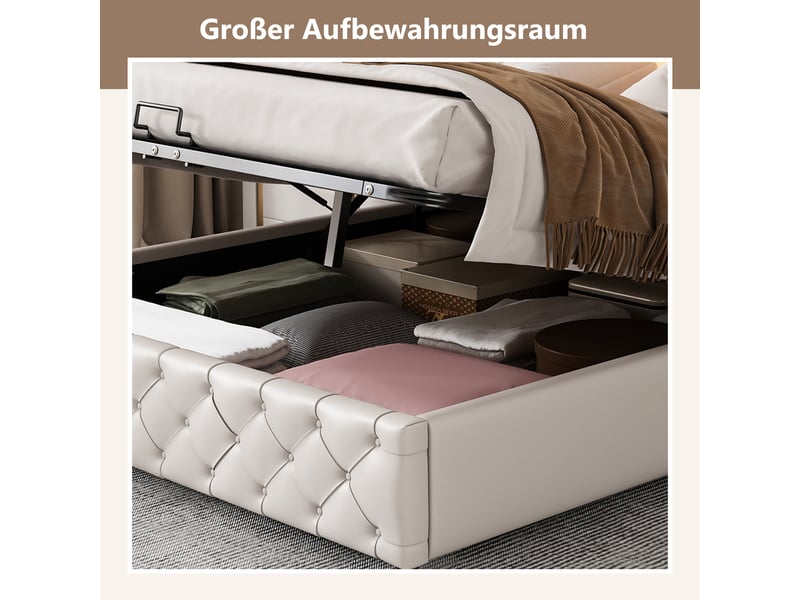  Lit double 180x200 cm avec rangement hydraulique et éclairage led réglable, tête de lit rembourrée, sommier à lattes, revêtement pu blanc  - Conforama E
