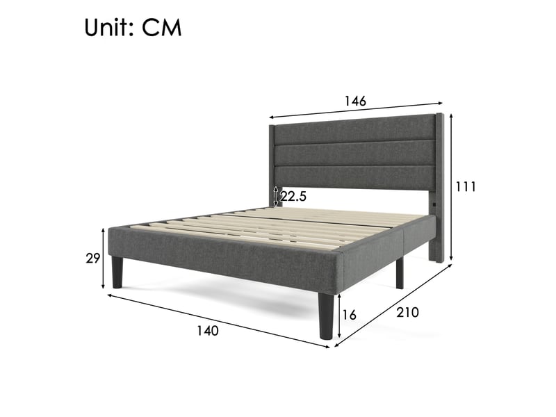  Modenvie lit double rembourré 140x200 cm - tête de lit capitonnée, matelas inclus - gris  - Conforama C