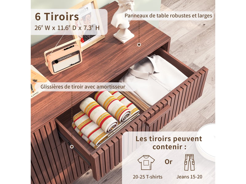 Buffet de rangement - design à lamelles verticales - 6 tiroirs - bois clair - pour salon et salle à manger - Conforama E