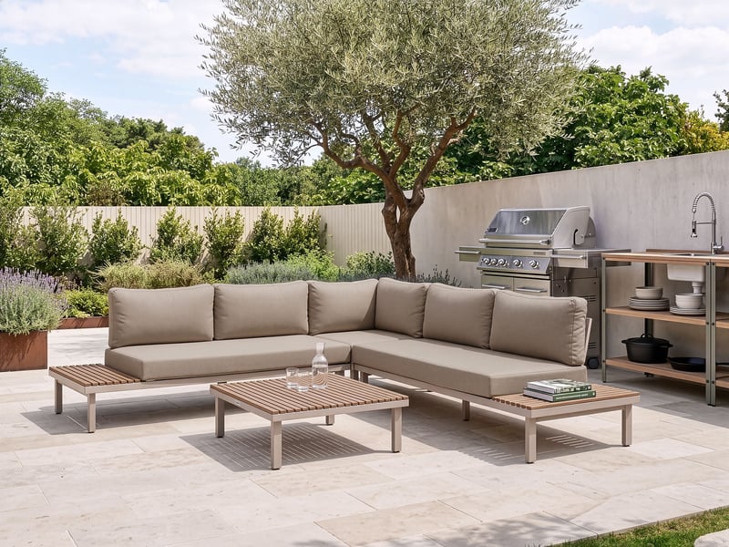  Ensemble de canapés d'angle de jardin 5 places fivizzano acacia beige  - Conforama B