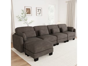Canapé d’angle modulable 330 cm 4 places avec pouf, coussins d’accoudoir amovibles, coussins lombaires épais à soutien renforcé, chenille, brun café
