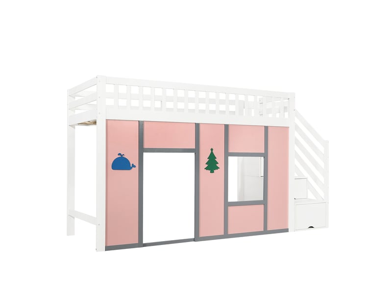 Lit mezzanine enfant 90x200 - lit superposé bois massif, échelle de sécurité avec compartiments, espace de stockage dessous - Conforama A