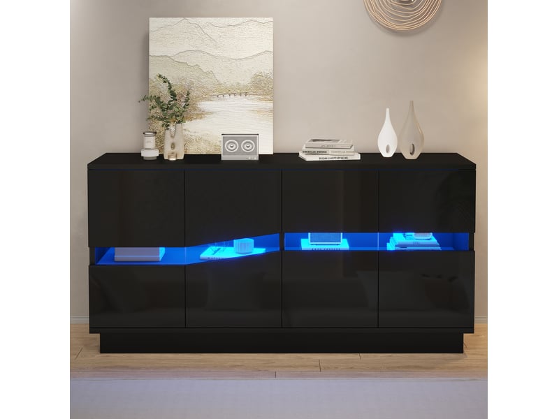 Buffet bas 140x35x70 cm avec éclairage led, 4 portes en panneau de particules couleur noir, moderne - Conforama E