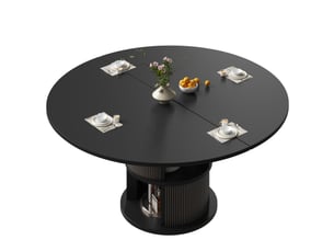 Table à manger ovale extensible 118-158x118 cm pour 4 à 6 personnes, pied central cylindrique avec 2 étagères de rangement, façade rainurée, noir