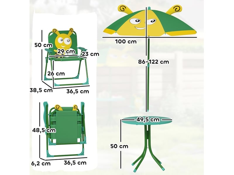  Ensemble de jardin pour enfants 4 pièces vert et jaune en polyester, table, 2 chaises et parasol réglable  - Conforama C