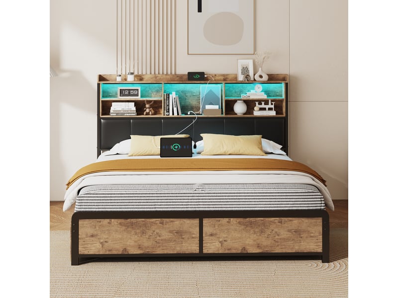  Lit 160 x 200,lit double 160 x 200 avec tiroirs,lit adulte,avec rangement de chevet,port usb et led réglable,pu,noir  - Conforama C